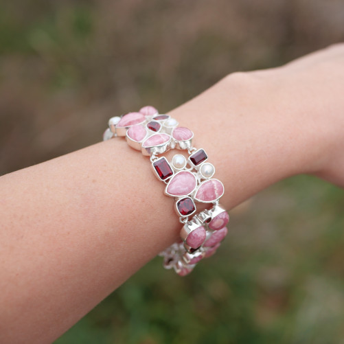 Bracelet manchette argent et 44 pierres Rhodochrosite Grenat et Perles