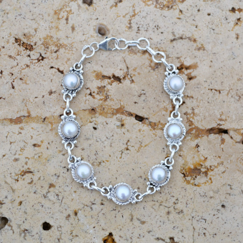 Bracelet argent ciselé et 7 Perles de culture rondes