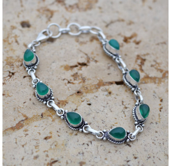 Bracelet argent strié et 7 pierres gouttes en Agate verte