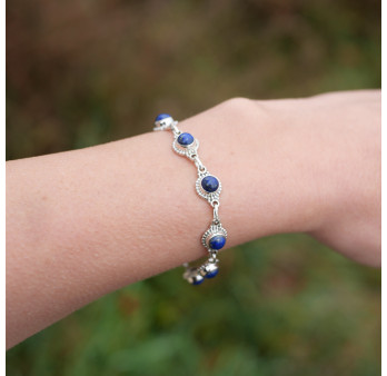 Bracelet argent ciselé et 8 pierres rondes en Lapis lazuli