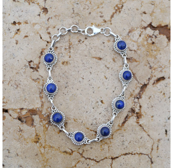 Bracelet argent ciselé et 8 pierres rondes en Lapis lazuli