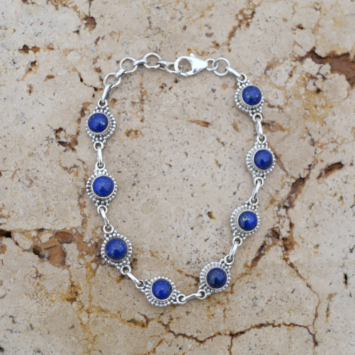 Bracelet argent ciselé et 8 pierres rondes en Lapis lazuli