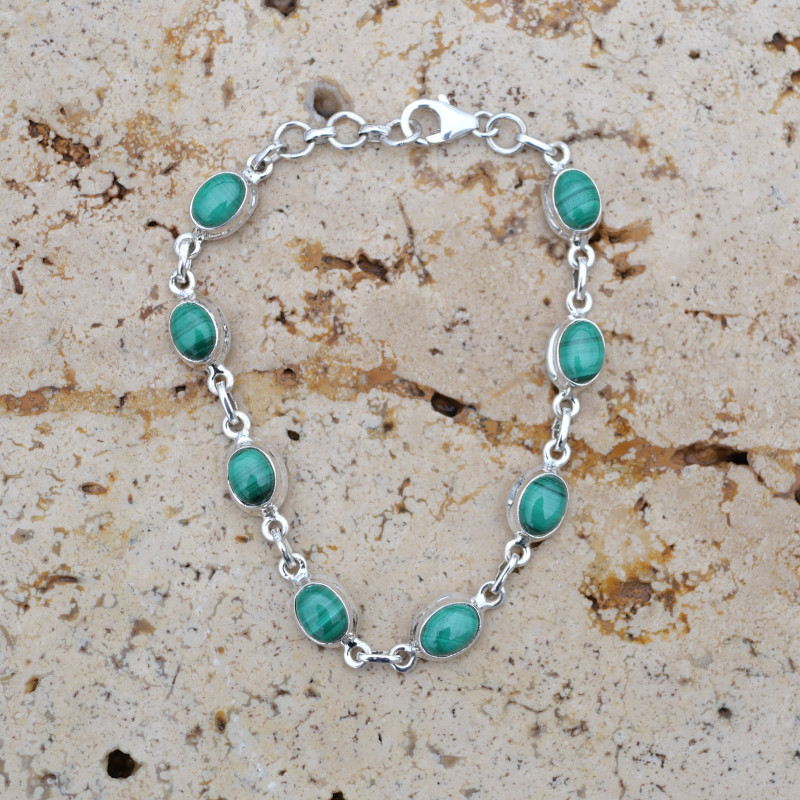 Bracelet argent 8 pierres ovales en Malachite Bracelet argent 8 pierres ovales en Malachite