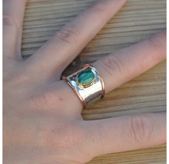 NEW Anneau large martelé argent liserés cuivrés pierre Malachite