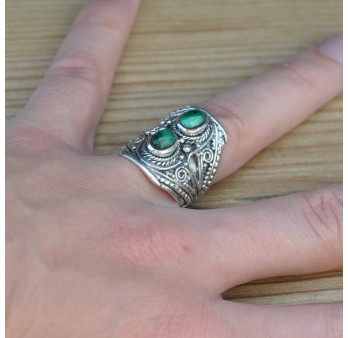 Chevalière mixte argent ethnique et 2 pierres vertes Malachite veinée