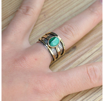 Anneau large argent et 3 anneaux doré avec pierre Malachite ovale