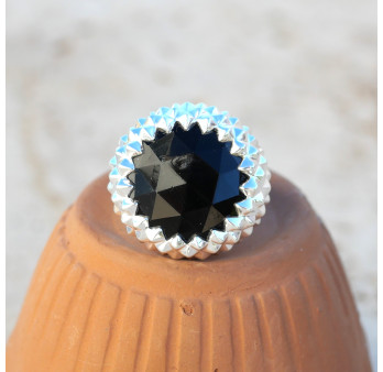 Grosse chevalière ronde pointes argent et pierre Onyx noir T52/58/60