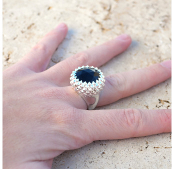 Grosse chevalière ronde pointes argent et pierre Onyx noir T52/58/60