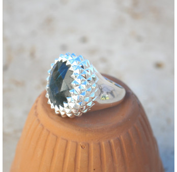 Grosse chevalière ronde pointes argent et pierre Labradorite T54/56/60