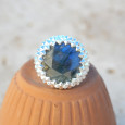 Grosse chevalière ronde pointes argent et pierre Labradorite T52/54/56/58/60