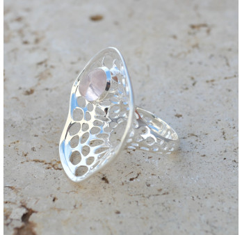 Grande bague corolle en argent et pierre Quartz rose T60