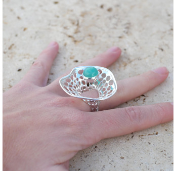 Grande bague corolle en argent et pierre Amazonite T56