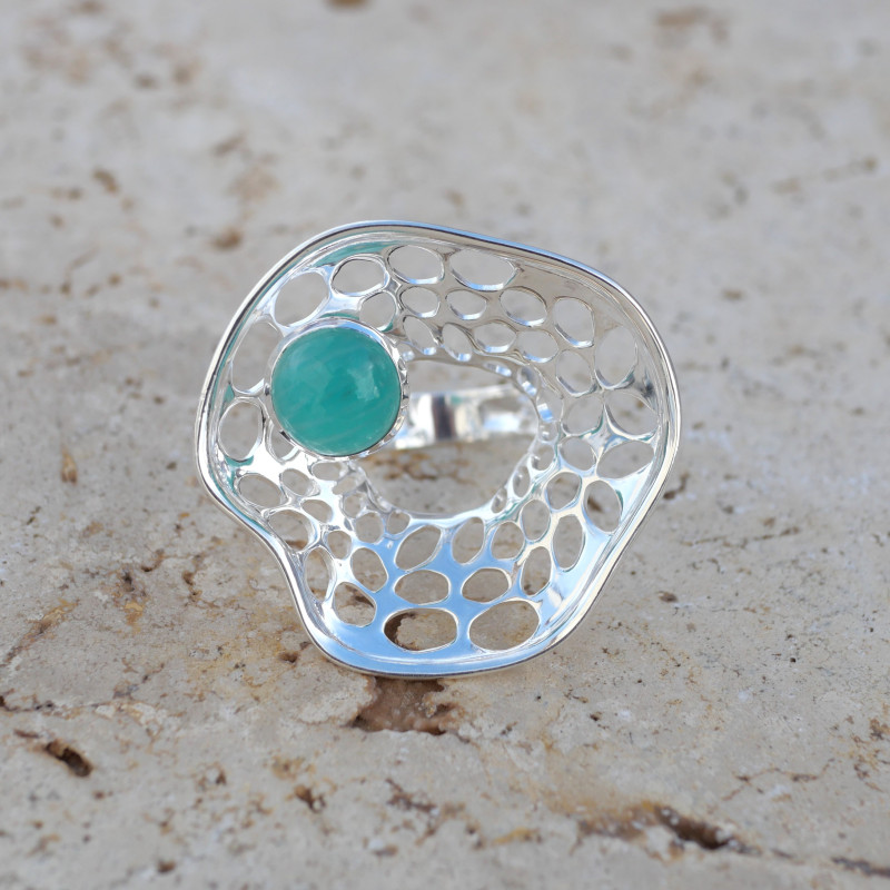 Grande bague corolle en argent et pierre Amazonite T56