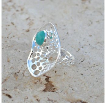 Grande bague corolle en argent et pierre Amazonite T56