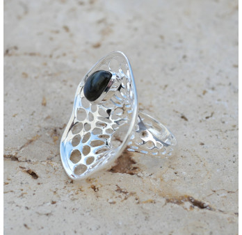 Grande bague corolle en argent et pierre Labradorite T60