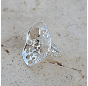 Grande bague corolle en argent et pierre Quartz rutile T58