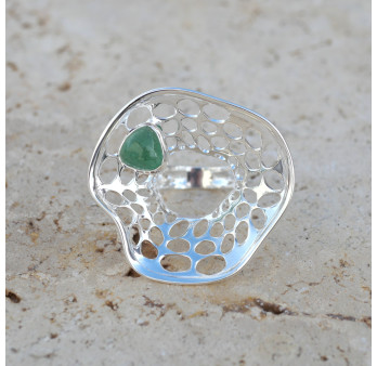Grande bague corolle en argent et pierre Quartz strawberry vert T55