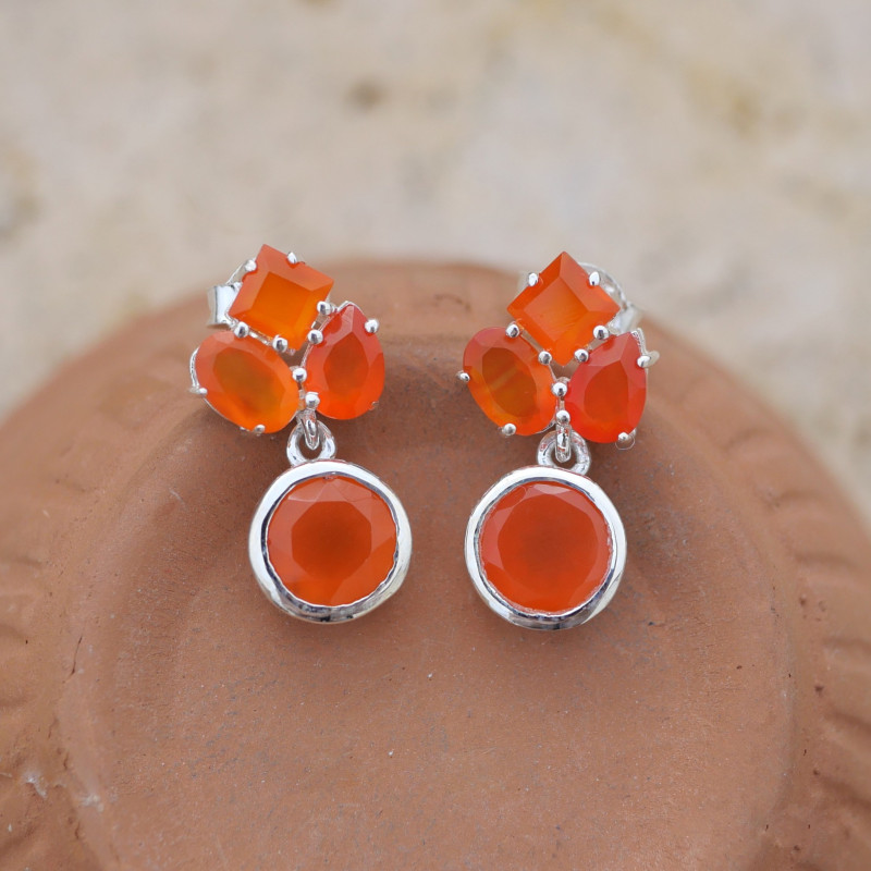 Petites boucles chics 4 pierres en Cornaline et argent