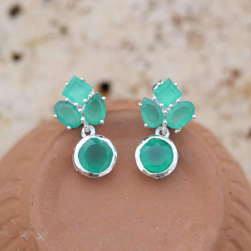 Petites boucles chics 4 pierres en Agate verte et argent