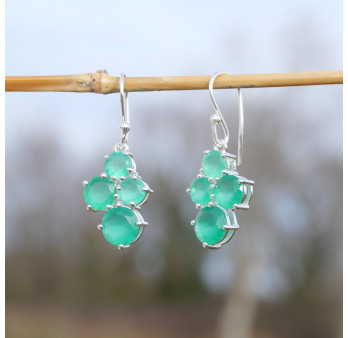 Petites boucles 4 pierres en Agate verte griffées et argent