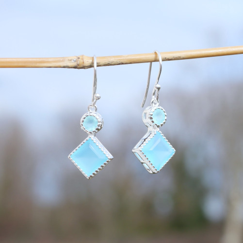 Boucles en argent et 2 pierres facettées en Calcédoine