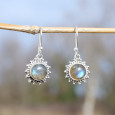 Petites boucles soleil argent et pierre Labradorite ronde