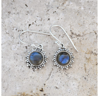 Petites boucles soleil argent et pierre Labradorite ronde