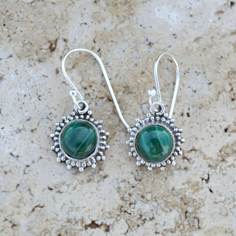 Petites boucles soleil argent et pierre Malachite ronde Petites boucles soleil argent et pierre Malachite ronde