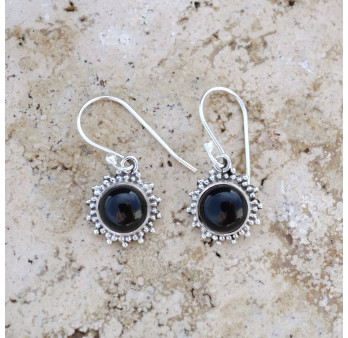 Petites boucles soleil argent et pierre Onyx noir ronde