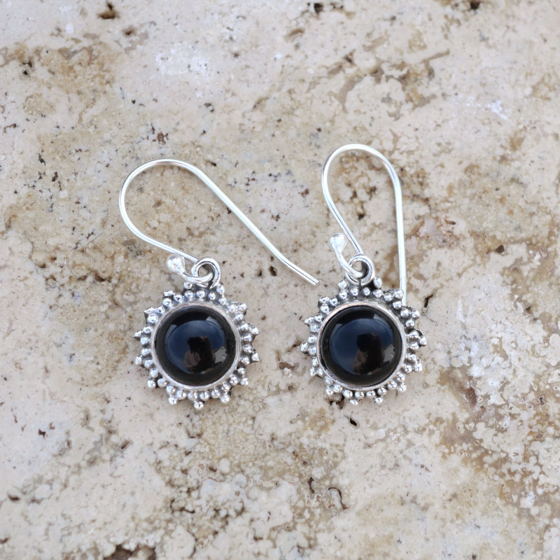 Petites boucles soleil argent et pierre Onyx noir ronde