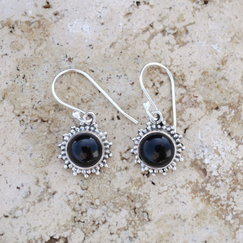 Petites boucles soleil argent et pierre Onyx noir ronde