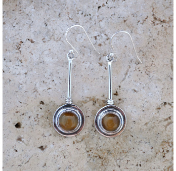 Longues boucles en argent et pierre ronde Oeil de tigre