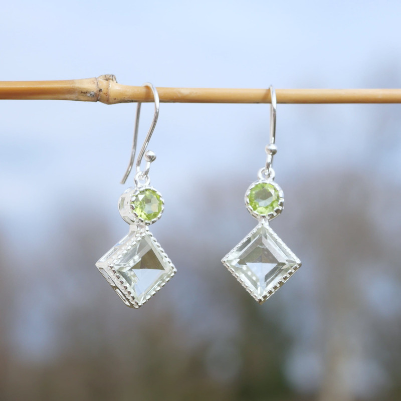 Boucles en argent et 2 pierres facettées en Prasiolite et Péridot