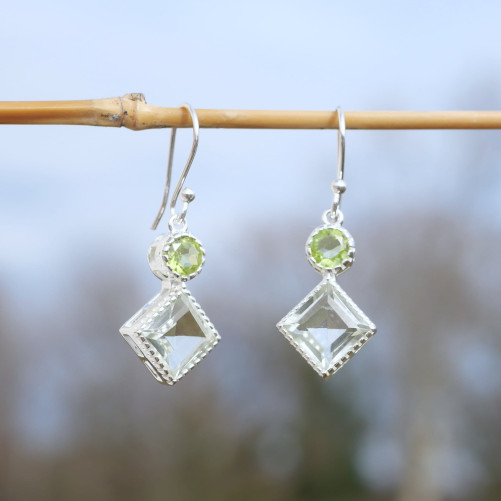 Boucles en argent et 2 pierres facettées en Prasiolite et Péridot