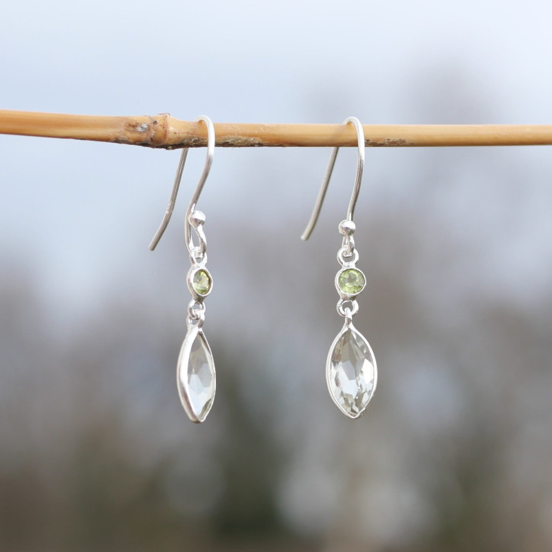 Boucles d'oreilles fines navettes en argent et Prasiolite