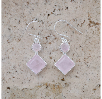 Boucles en argent et 2 pierres facettées en Quartz rose