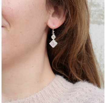 Boucles en argent et 2 pierres facettées en Quartz rose