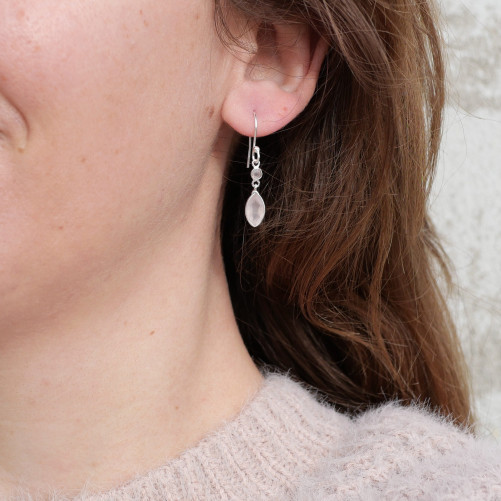 Boucles d'oreilles fines navettes en argent et Quartz rose