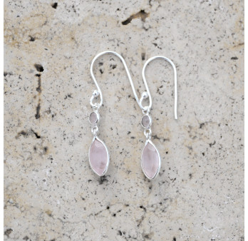 Boucles d'oreilles fines navettes en argent et Quartz rose
