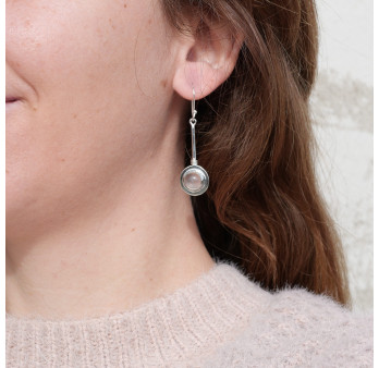 Longues boucles en argent et pierre ronde Quartz rose