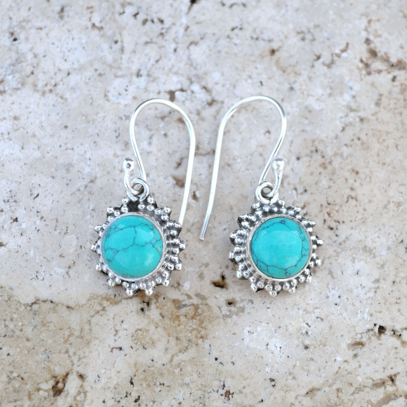 Petites boucles soleil argent et pierre Howlite bleue ronde Petites boucles soleil argent et pierre Howlite bleue ronde