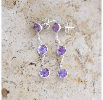 Longues boucles argent et 3 pierres Améthyste