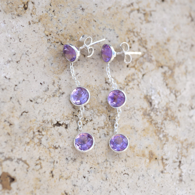 Longues boucles argent et 3 pierres Améthyste