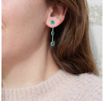 Longues boucles argent et 3 pierres Agate verte