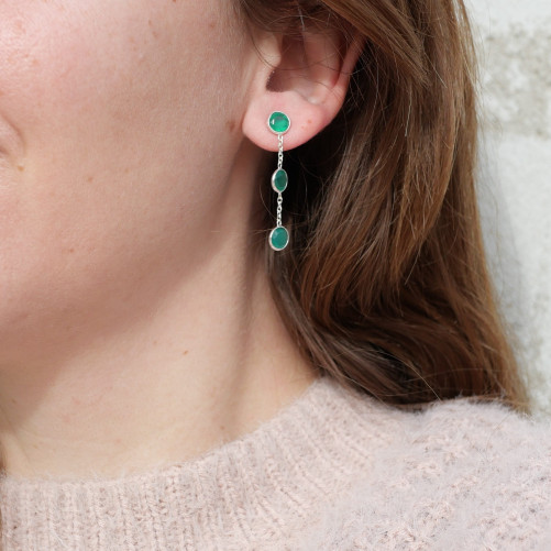 Longues boucles argent et 3 pierres Agate verte