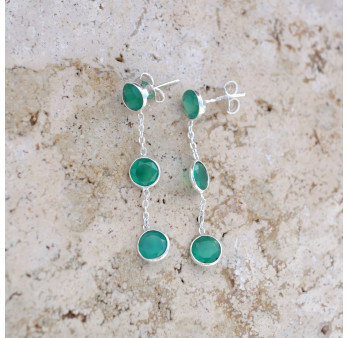 Longues boucles argent et 3 pierres Agate verte