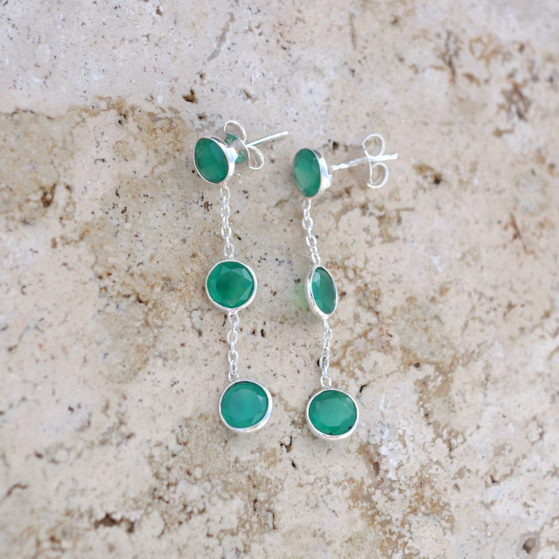 Longues boucles argent et 3 pierres Agate verte