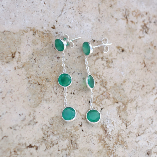 Longues boucles argent et 3 pierres Agate verte