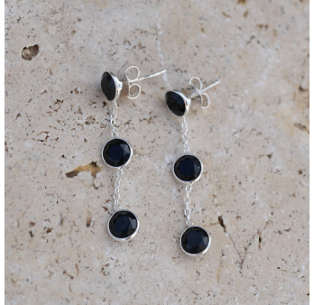 Longues boucles argent et 3 pierres Onyx noir