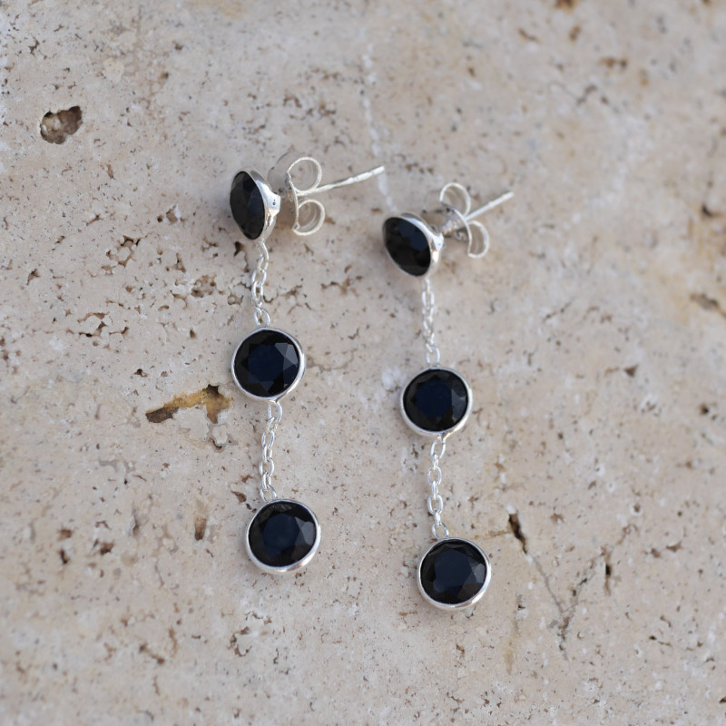 Longues boucles argent et 3 pierres Onyx noir
